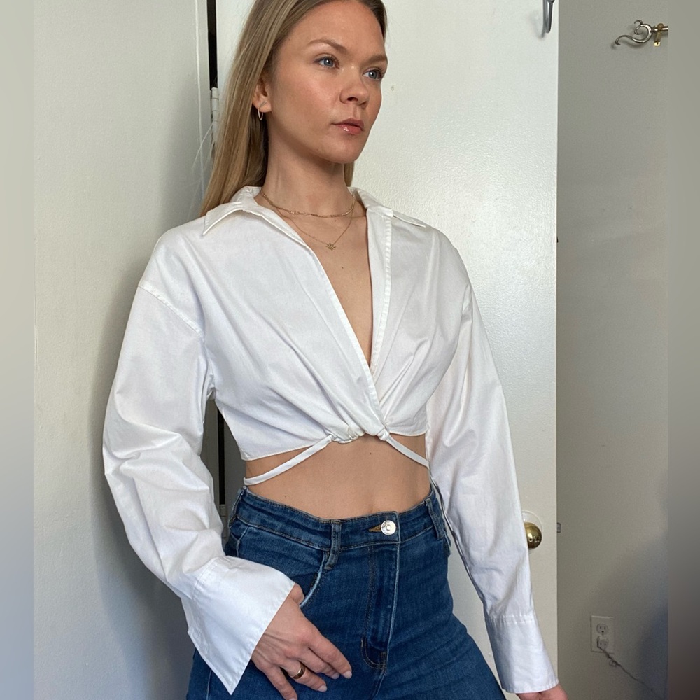Zara crop top blouse with wrap around tie white button up long sleeve summer